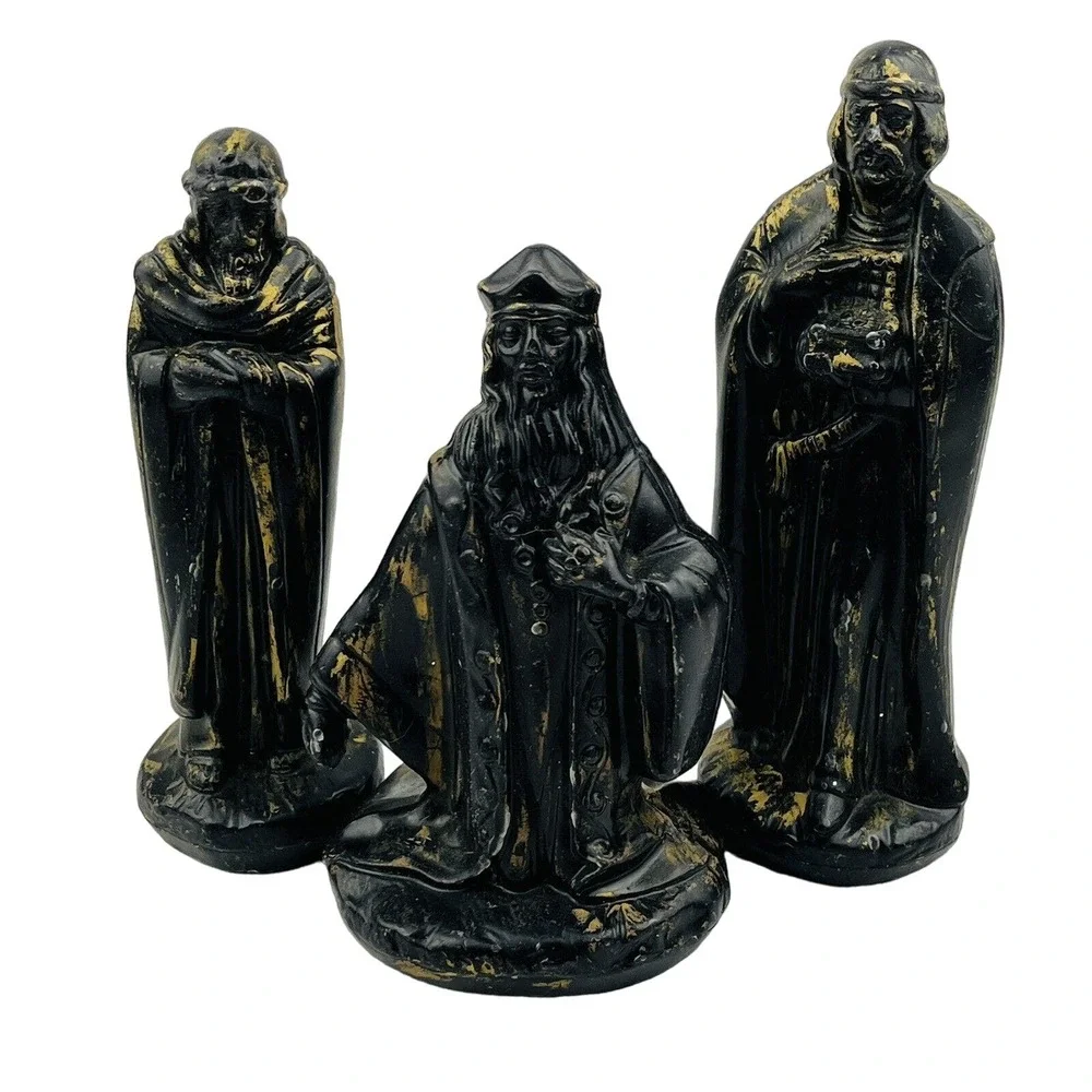 Vtg Three Wisemen Wax Figurines Black‎ with Gold Paint Christmas Nativity Kings